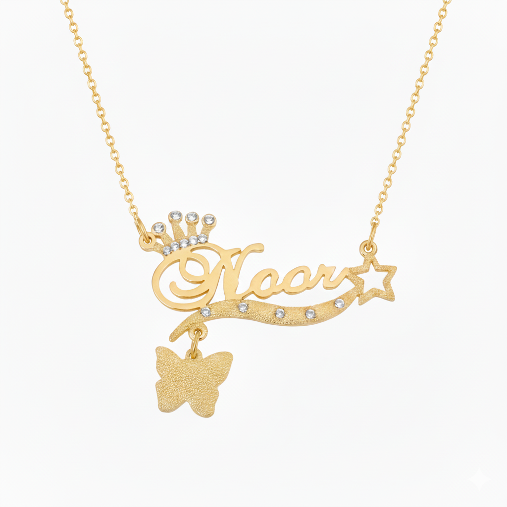 Custom Name Pendant with Sparkling Crown and Butterfly – Regal Whimsical Jewelry