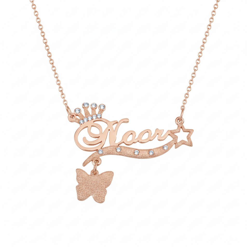 Custom Name Pendant with Sparkling Crown and Butterfly – Regal Whimsical Jewelry