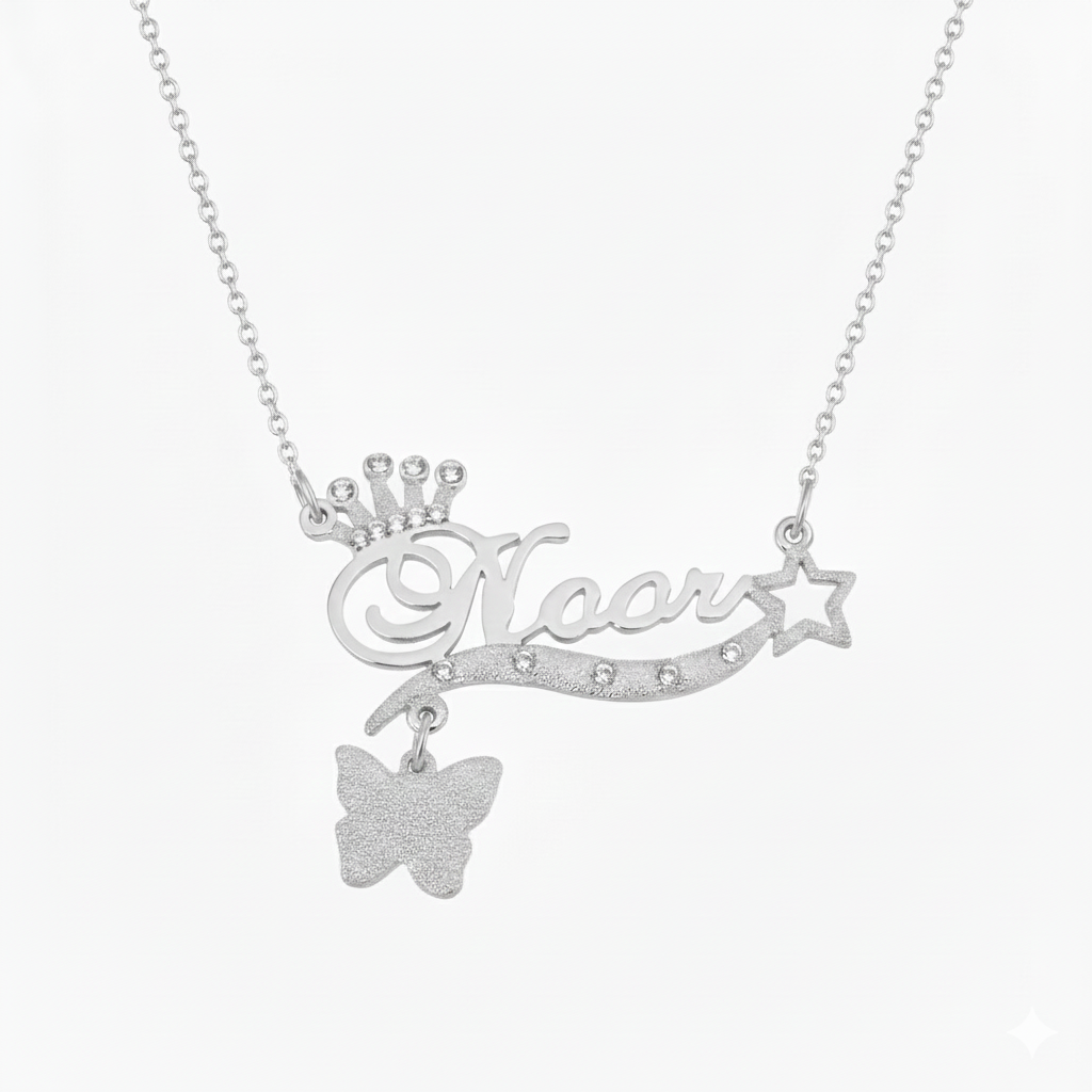 Custom Name Pendant with Sparkling Crown and Butterfly – Regal Whimsical Jewelry