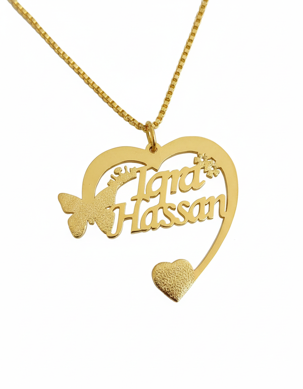Custom Two Name Butterfly Heart Stone Cut Pendant – Elegant Duo - KraftedKey