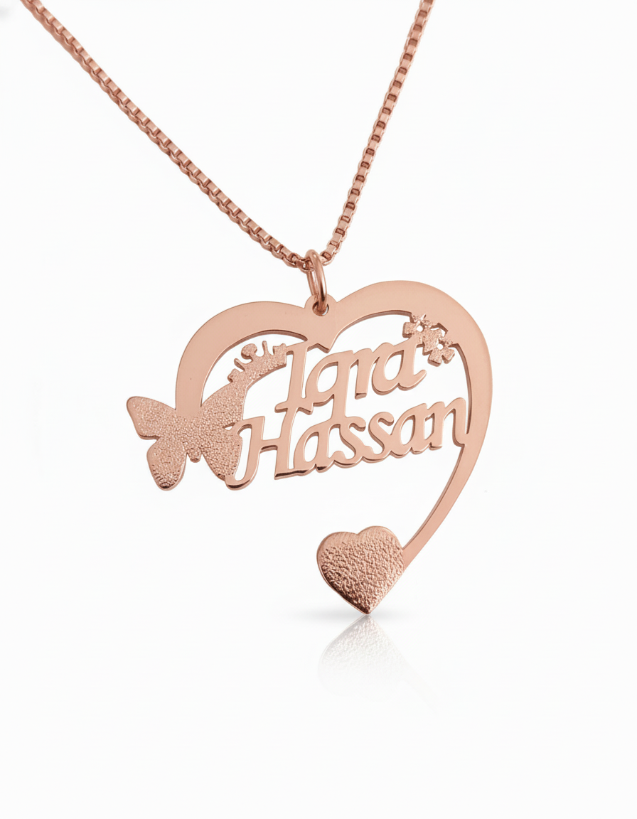 Custom Two Name Butterfly Heart Stone Pendant – Elegant Duo Jewelry