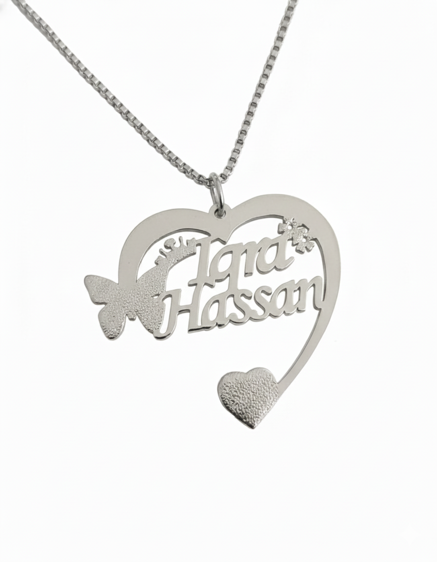 Custom Two Name Butterfly Heart Stone Pendant – Elegant Duo Jewelry