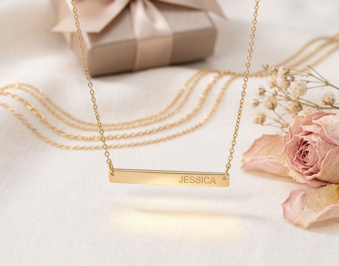Skinny Bar Necklace - Long Bar Monogram Necklace | Personalized Jewelry